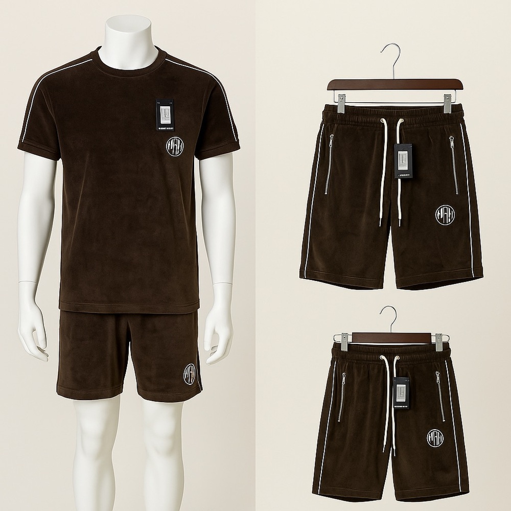 MF-167. Slim Man Velour Tee & Shorts Set With Piping